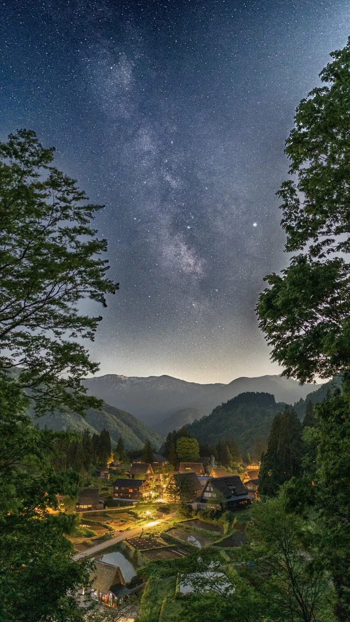 Japanese village in Toyama Prefecture - Village, Japan, Landscape, The mountains, Night, Starry sky