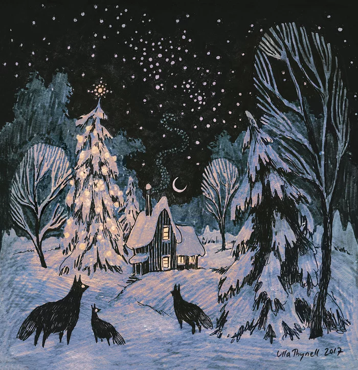Cozy night - Drawing, Pencil drawing, Winter, Night, Winter's tale, Wolf, House, Art