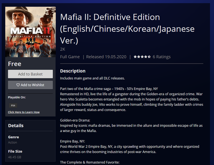 Mafia 2 Definitive Edition  PS4  ( PSN) , Mafia 2, , PSN, Playstation, Playstation 4, 