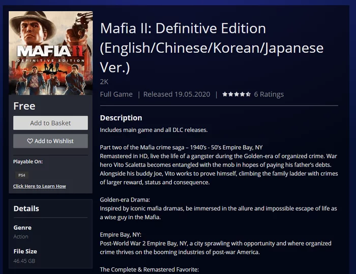 Mafia 2 Definitive Edition for PS4 free (Malaysian PSN) - Mafia, Mafia 2, Freebie, Psn, Playstation, Playstation 4, Is free