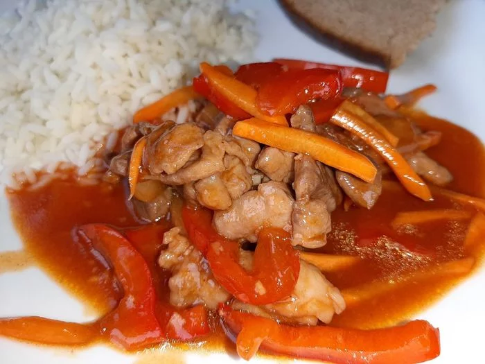 Pork in sweet and sour sauce - My, Cooking, Pork, Vegetables, Sauce, Food, Longpost