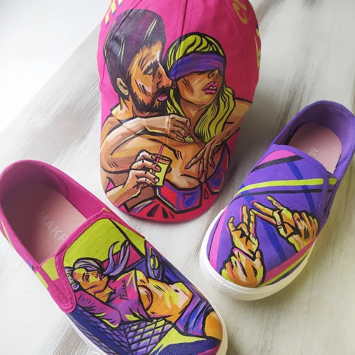 Hand-painted baseball cap and slip-ons - Handmade, Painting on fabric, Shoes, With your own hands, Creation, Baseball cap, Outrageous, Longpost