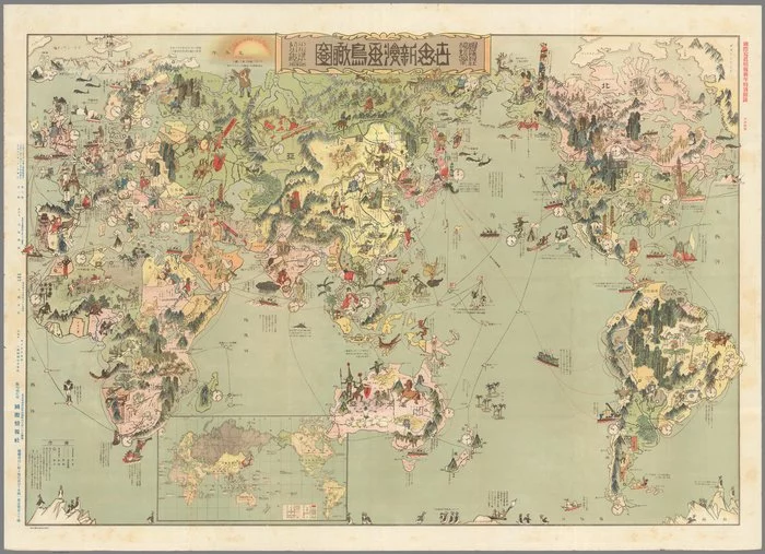 Japanese world map in pictures 1924 [6541x4741] - World map, Japan, Art Card, A high resolution, Interesting, Cards