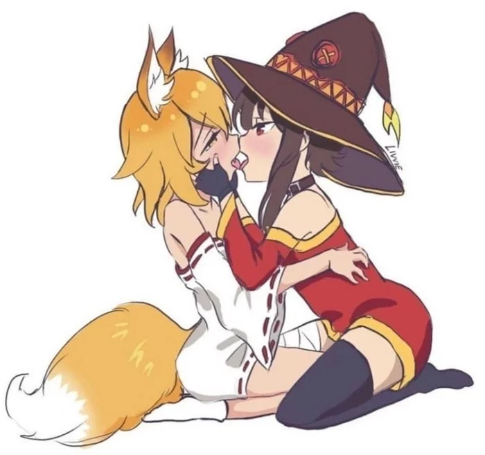 Forgive me lord - NSFW, Anime, Konosuba, Yuri, Anime art, Senko-San, Megumin, Sewayaki Kitsune No Senko-san, Animal ears