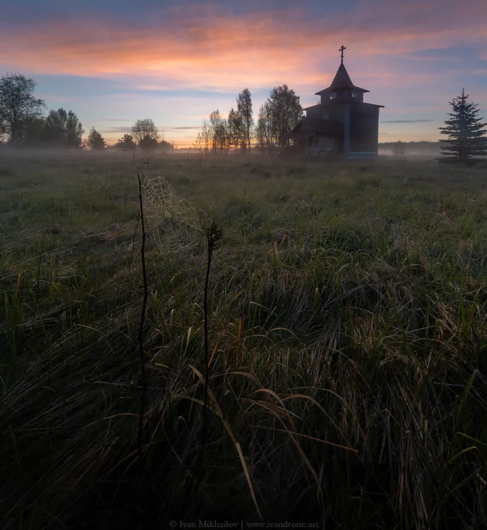 Cobweb - My, Landscape, Leningrad region, Sunrise, Nikon d7100, Morning, Fog, Church