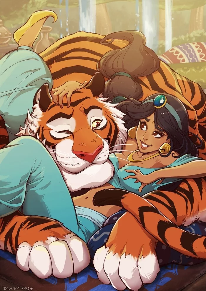 Jasmine with a tiger - Disney princesses, Princess jasmine, Tiger, Aladdin, Cartoons, Walt disney company, Art