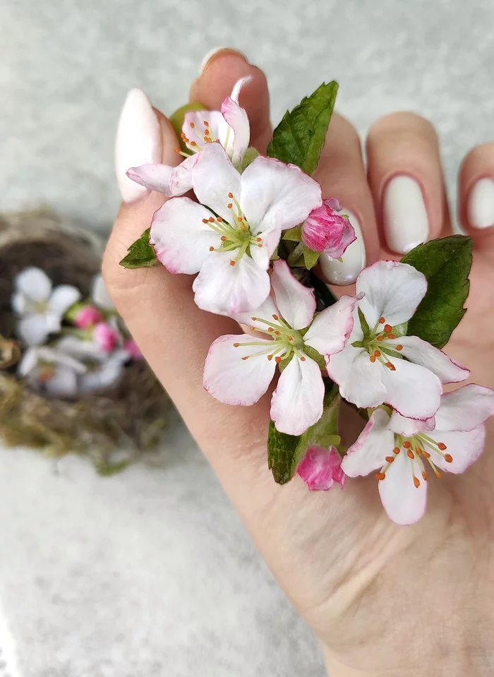 Hairpin with apple tree - My, Cold porcelain, Лепка, Creation, Hobby, Flowers, Needlework without process, Longpost