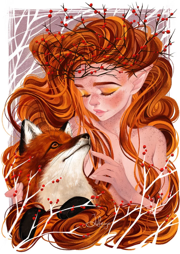 Girl and Fox - Art, Girls, Elves, Fox, Hugs, Redheads, Luleiya