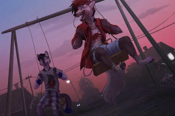 On the swing - Furry, Art, Ariadog, Town, Landscape