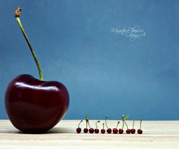 My cherry harvest. Miniature - My, Needlework without process, Miniature, Berries, Polymer clay, Cold porcelain, Longpost