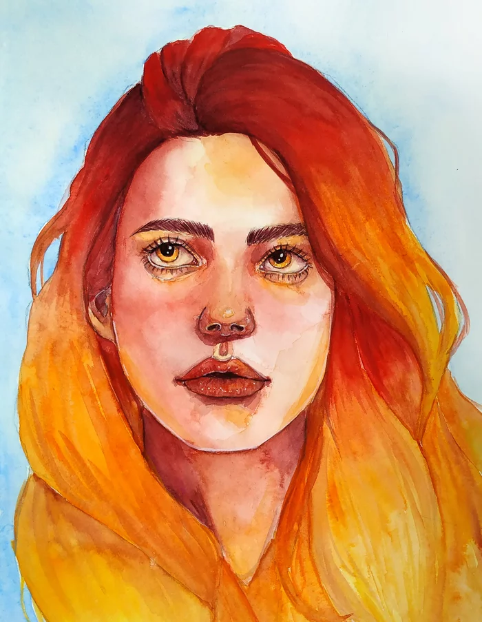 fire Girl - My, Art, Drawing, Watercolor, Painting, Artist, Watercolor technique, Portrait