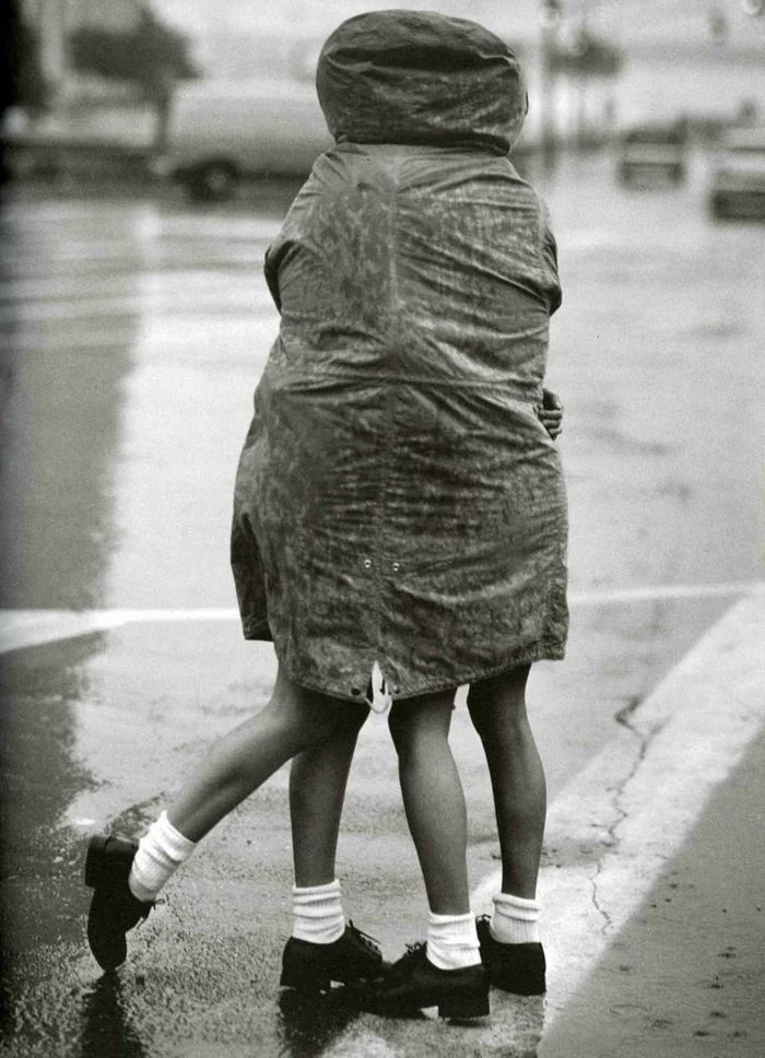 Rain - Girls, Rain, Cloak, Black and white photo