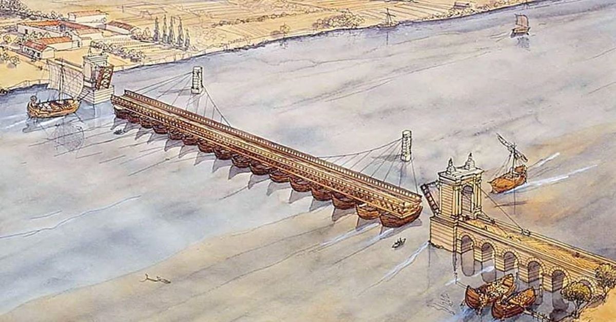 Строительство в древности. Мосты в древнем Риме. Понтонный мост Ксеркса через Геллеспонт. Арелат Арль. Понтонные мосты в древнем Риме.