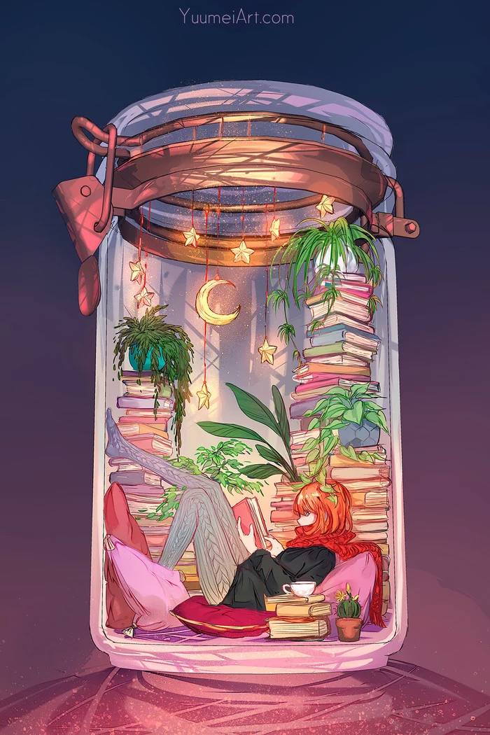 Terrarium Life: Books and Stars - Art, Drawing, Terrarium, Books, Stars, Yuumei, Anime art