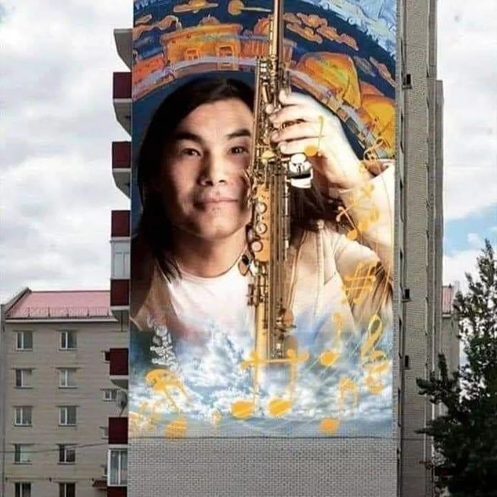 A mural with Batyrkhan Shukenov appeared in Aksai (Western Kazakhstan) - Batyrkhan Shukenov, Mural, beauty, Kazakhstan