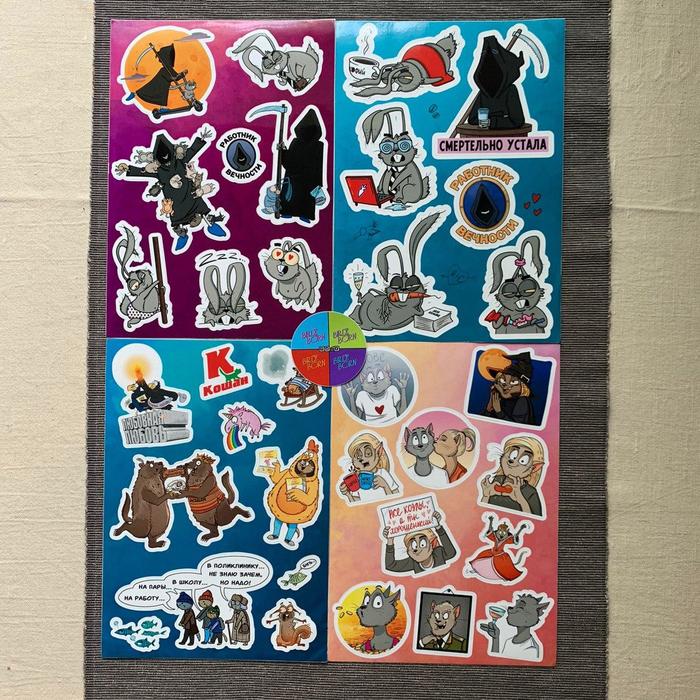 Another edition of stickers (stickers) with my characters has been printed! - My, Illustrations, Bird born, Comics, Stickers, Death, cat, Longpost