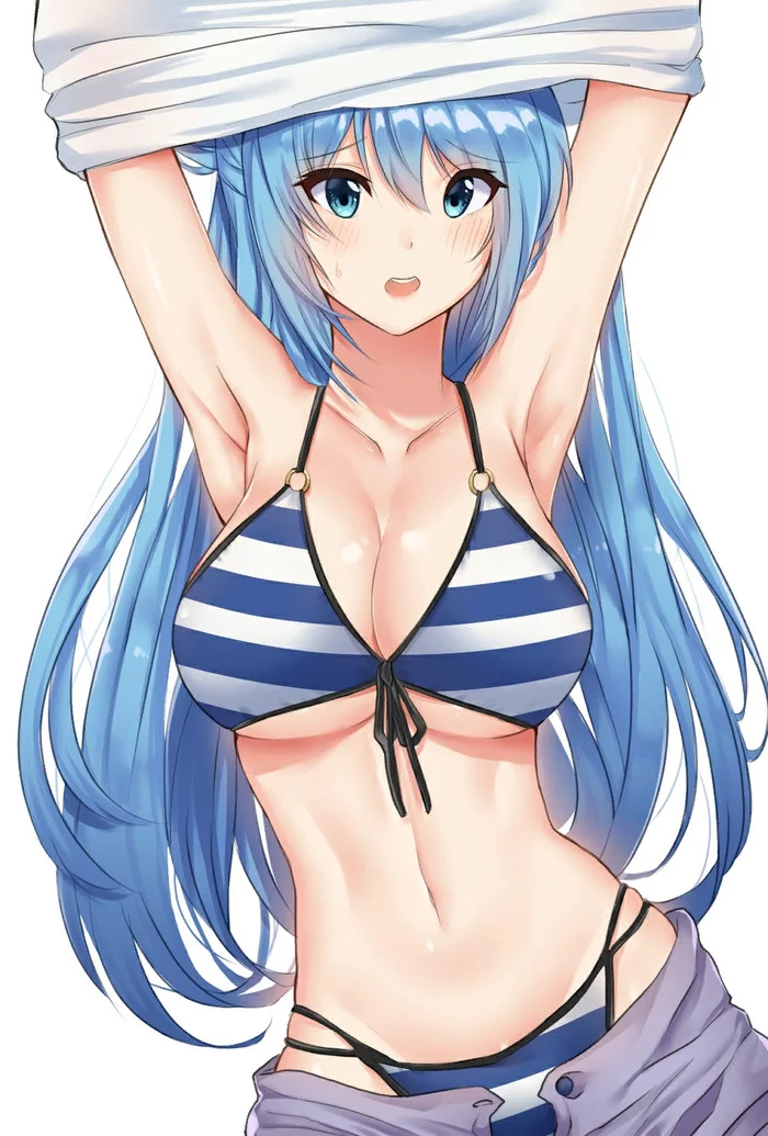 Aqua getting ready for a swim - Aqua, Konosuba, Anime Art, Аниме, Купальник