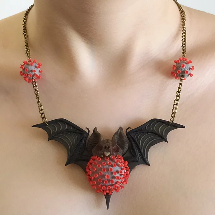 Necklace COVID-19 - My, Necklace, Polymer clay, Bat, Virus, Needlework without process, Decoration, Handmade, Longpost