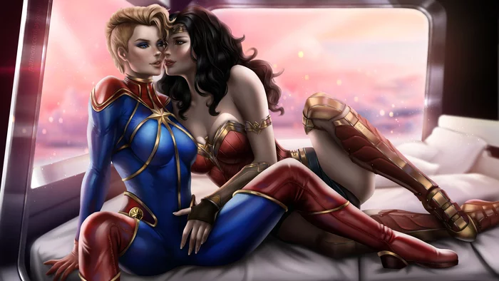 Captain Marvel & Wonder Woman - NSFW, Art, Marvel, DC, Captain Marvel, Wonder Woman, Erotic, Lesbian, AyyaSAP, Dc comics