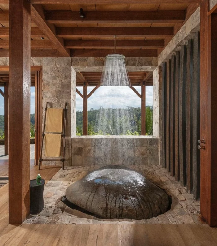 Unusual shower at Hartland Estate on Bali - Hotel, Shower, A rock, Unusual, beauty, Bali, Indonesia