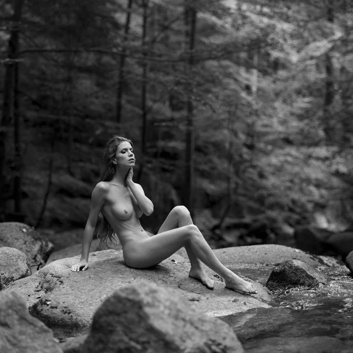 By the brook - NSFW, Erotic, Breast, Black and white, A rock, Stream