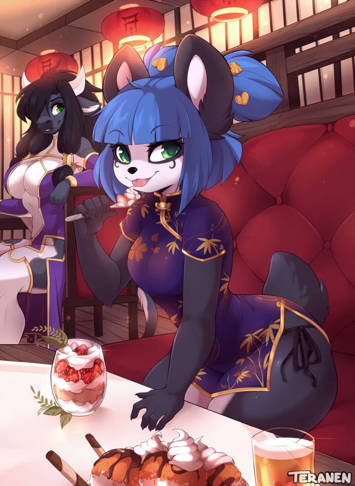 Sweetness - Teranen, Furry, Art, China, Panda, Sweets, Furry edge, Qipao