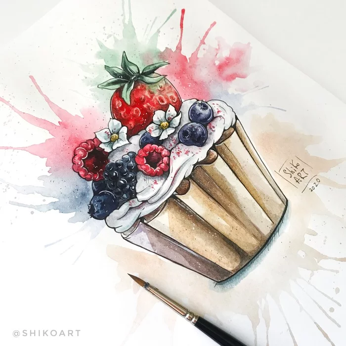 A tasty lesson for you - My, Creation, Watercolor, Dessert, Food, Video lessons, Interesting, Video