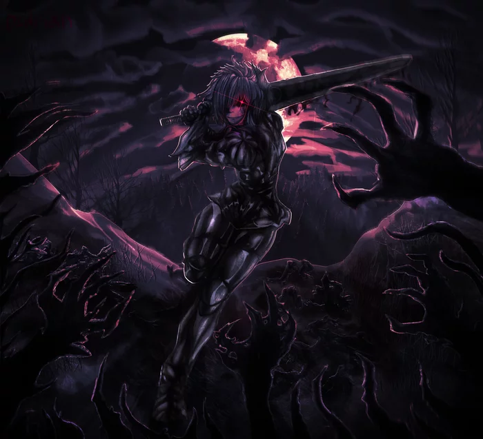 Demon slayer - My, Anime art, Demon, Dark souls, Armor, moon