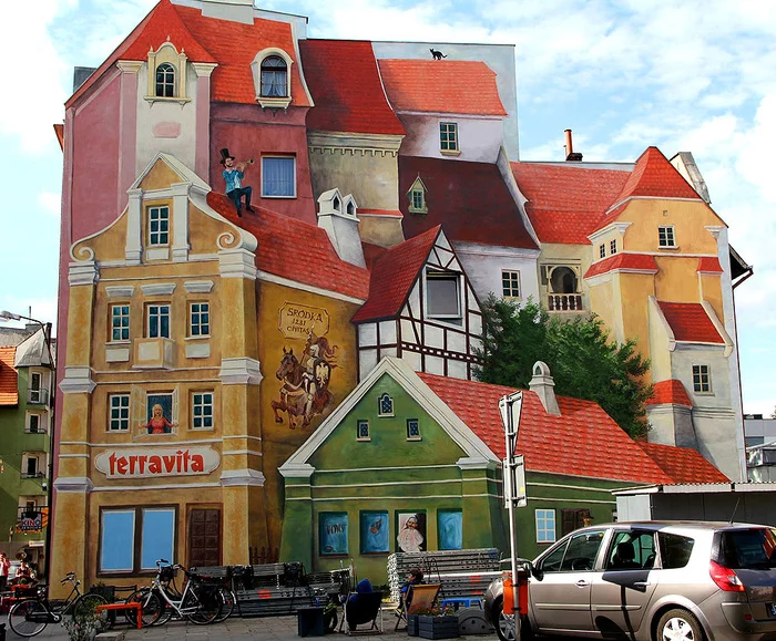 Beautiful 3D illusion on the wall of a house in Poznan - Graffiti, Street art, Drawing, beauty, Art, From the network, Longpost, Poznan, Mural, Poland