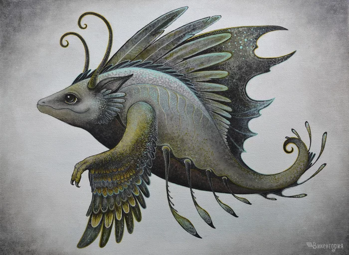 Tropical fish dragon - My, Drawing, Painting, The Dragon, A fish, Acrylic, Art, Fantasy, Creature, Creatures