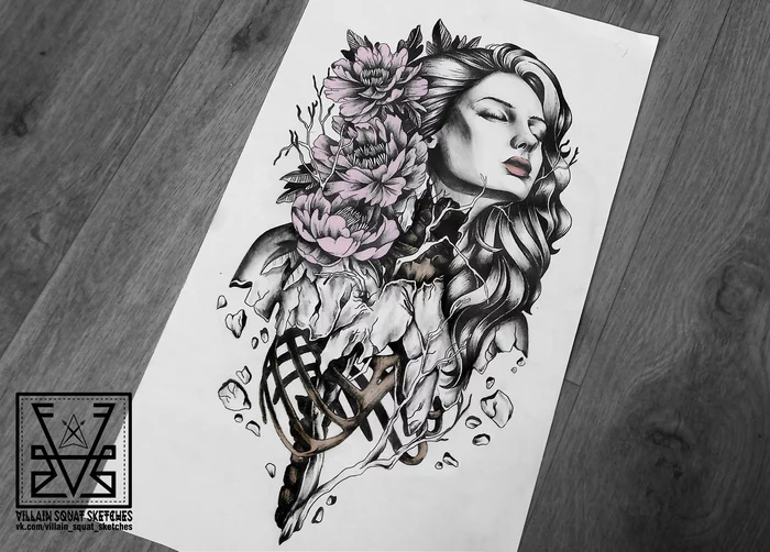 Friday from Katyukha - My, Sketch, Tattoo sketch, Flowers, Bones