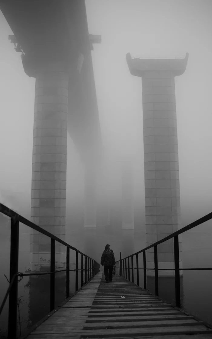 Titans in the morning mist - My, Fog, Black and white, Morning