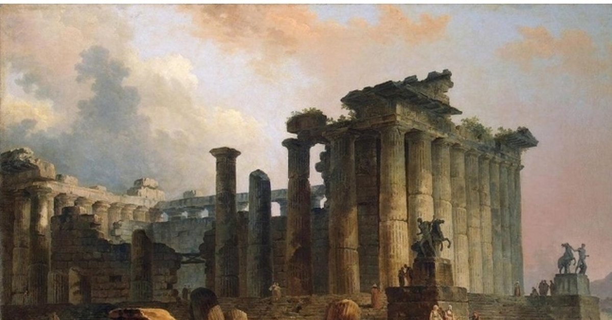 Древний рим конец. Юбер Робер античный храм. Древний Рим падение империи. Распад римской империи картина.