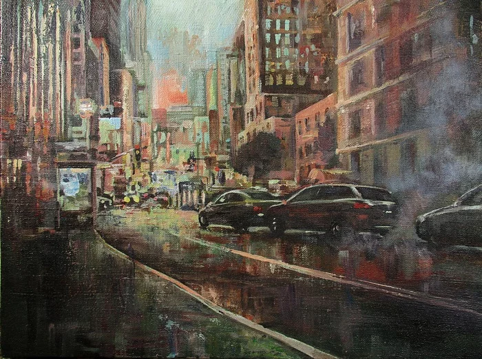 City lights - My, Painting, Acrylic, Town, The street, Lights