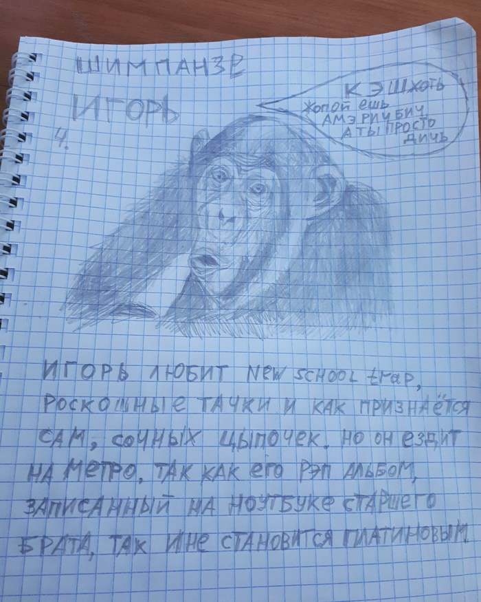 Zoo 4. Shimpaze Igor - Zoo, Chimpanzee, Igor, Art, Black humor, Humor, Pencil, Pencil drawing