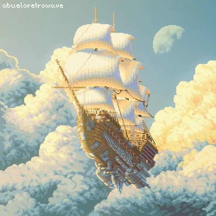 sky ship - Art, Drawing, Ship, Clouds, Pixel Art