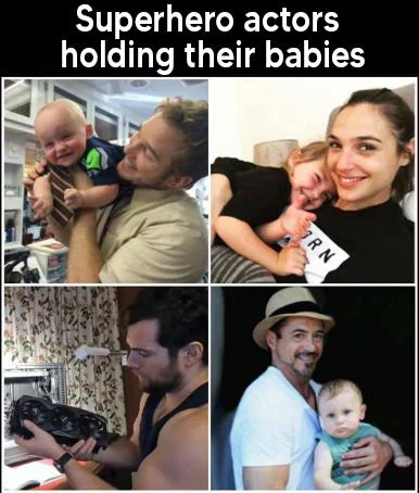 Super hero actors hold their babies in their arms - Henry Cavill, Computer, Children, Actors and actresses, Chris Pratt, Gal Gadot, Robert Downey Jr.