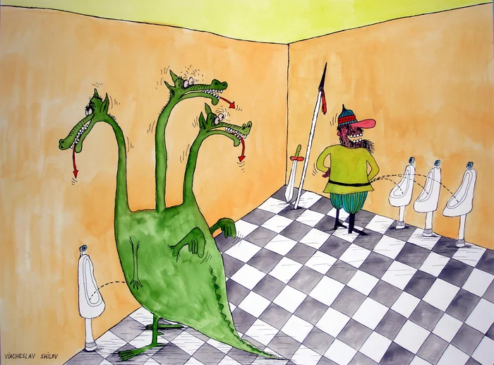 Three - My, Story, Painting, Drawing, Toilet, The Dragon, Health, Caricature