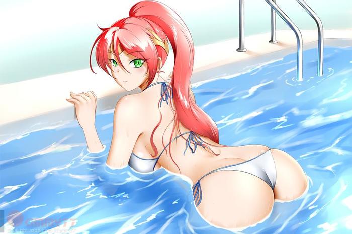 Pyrrha Nikos - NSFW, Аниме, RWBY, Anime Art, Kimmy77, Pyrrha nikos, Попа, Купальник