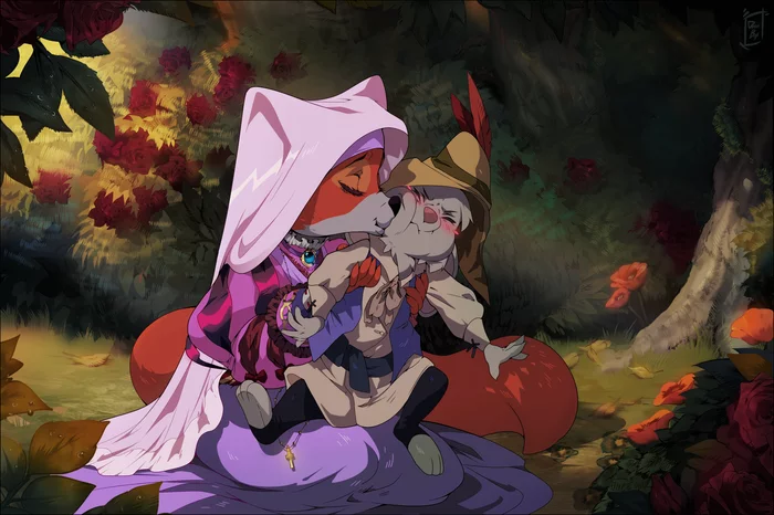 Kiss - Robin the Hood, Furry, Art, Nature, Fox, Rabbit, Desubox, Romance