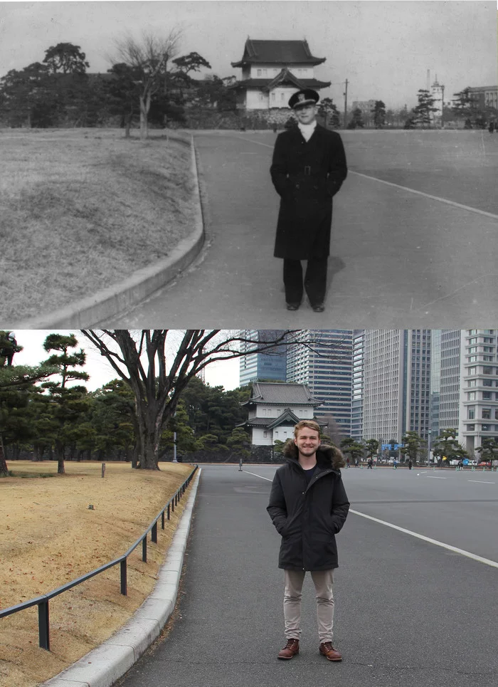 Photos of grandfather and grandson in the same place in Tokyo only 73 years apart. Find 10 differences! - Tokyo, Japan, It Was-It Was, Then and now, Grandfather, Grandchildren, The photo, Differences