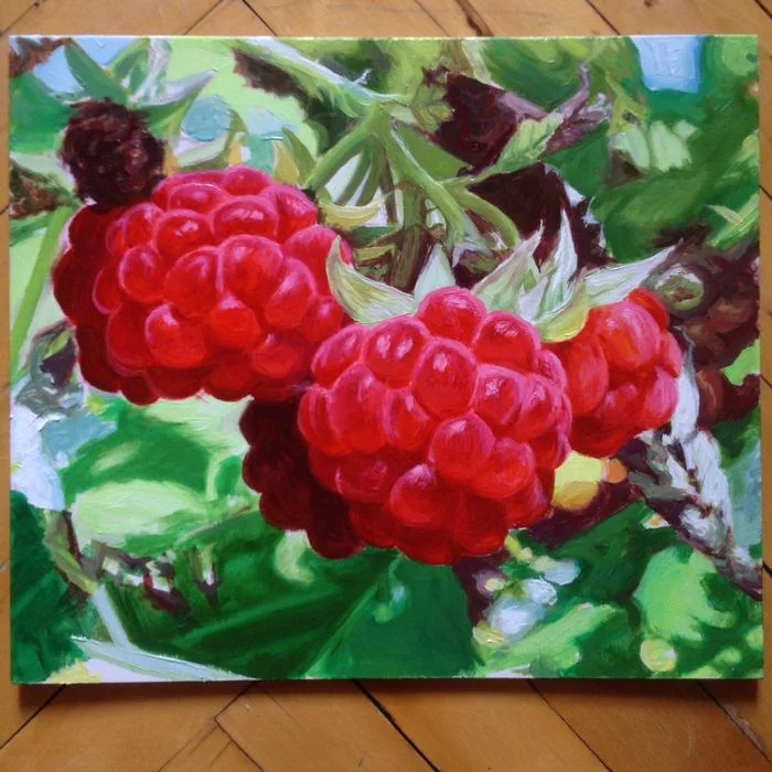 Raspberries - My, Painting, Oil paints, Raspberries