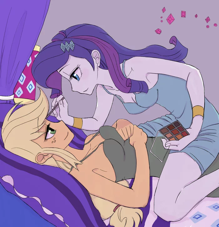 “Darling, how do you walk around without makeup? Come on, lie down!” - My little pony, Equestria girls, Rarity, Applejack, MLP Lesbian, Shipping, Haibaratomoe