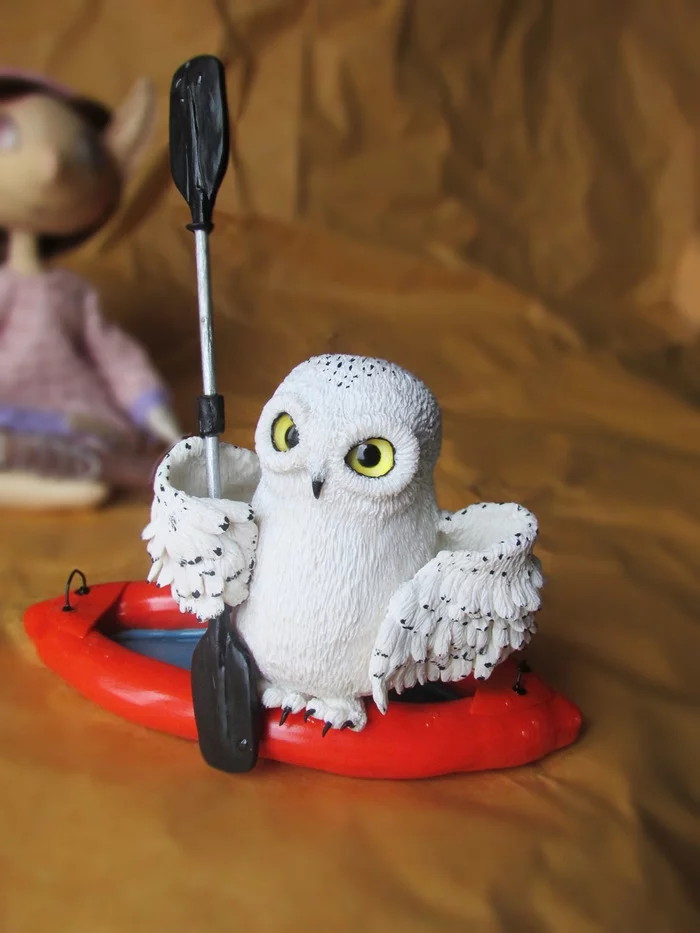 Owl with paddle - My, Polar owl, Handmade, Tourism, Boat trip, Polymer clay, Craft, Needlework without process, Longpost