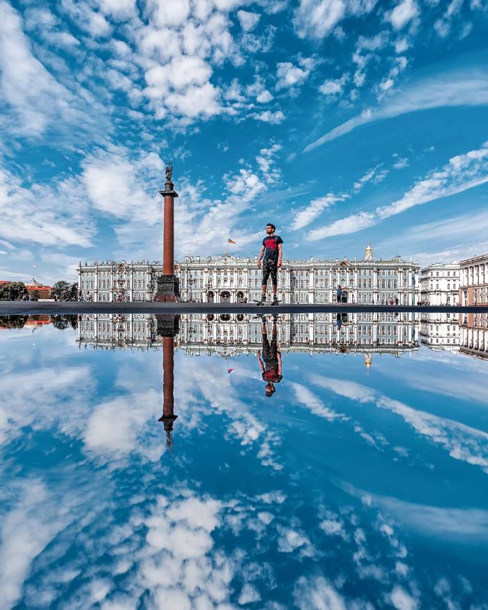 Transience of summer - Reflection, Water, Palace Square, Saint Petersburg, Guy in a puddle, Alexander Column, The photo, Hermitage