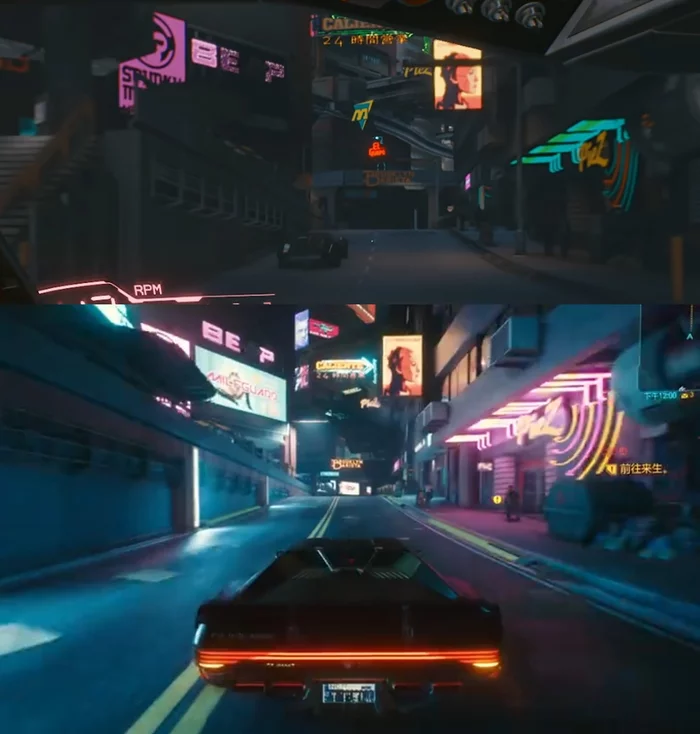 The same Night City street at different stages of production - Cyberpunk 2077, Computer games