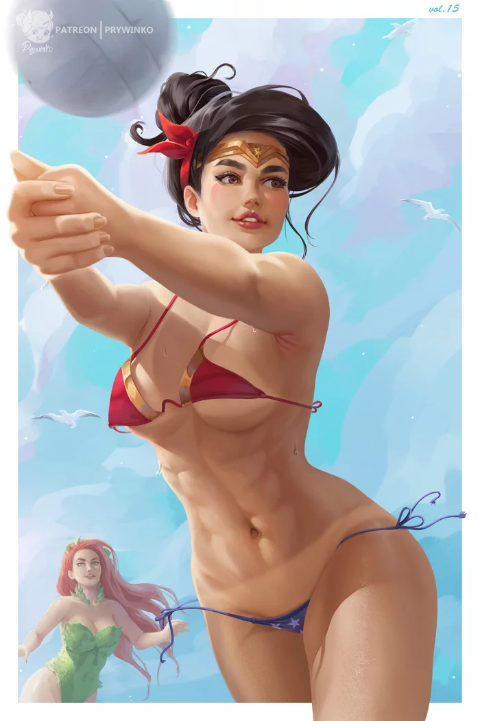 Beach volleyball - NSFW, Art, DC, Wonder Woman, Poison ivy, Erotic, Bikini, Boobs, Prywinko, Dc comics