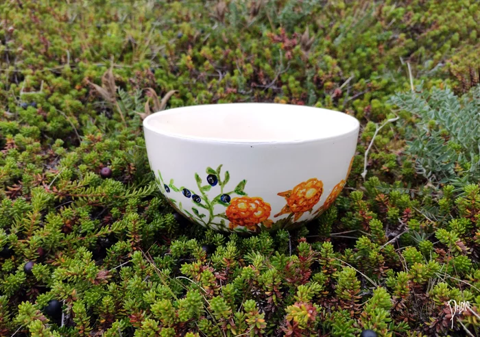 Northern bowl - My, Painting, Ceramics, Tableware, Berries, Needlework without process, Handmade, Decor, Cloudberry, Longpost