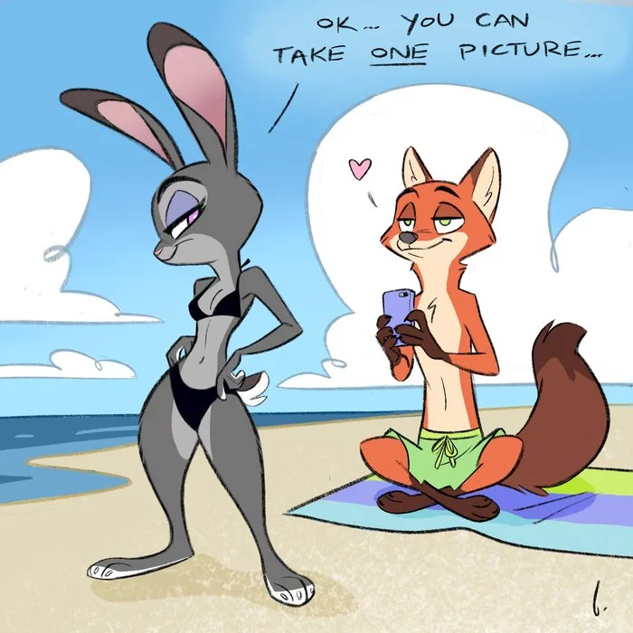 Ok...You can take one photo - Zootopia, Nick and Judy, Beach, Bikini, Birchly, Art, Furry edge, Furry