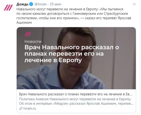 А чего не к шаману, который к Путину шёл? Вот пусть он его и лечил - Алексей Навальный, Лечение, Европа, Политика, Оппозиция, Twitter, Скриншот